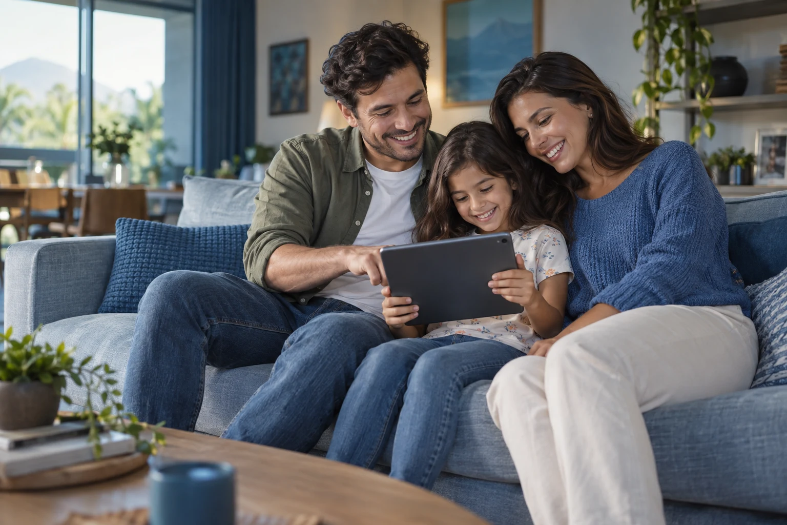 Família compartilhando um momento no tablet em casa